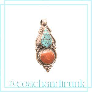 Turquoise Coral Inlay Artisan Ornate Metal Work Handcrafted Silver Pendant Only